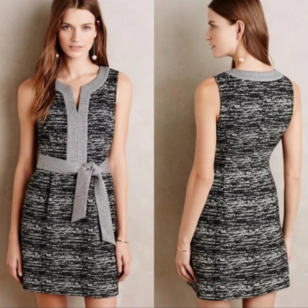 Tabitha Anthropologie Black White Gray Marled Knit Split Neck Shift